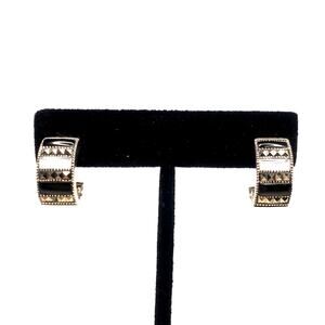 Art Deco Sterling Silver Onyx & Mother of Pearl Marcasite Hoops